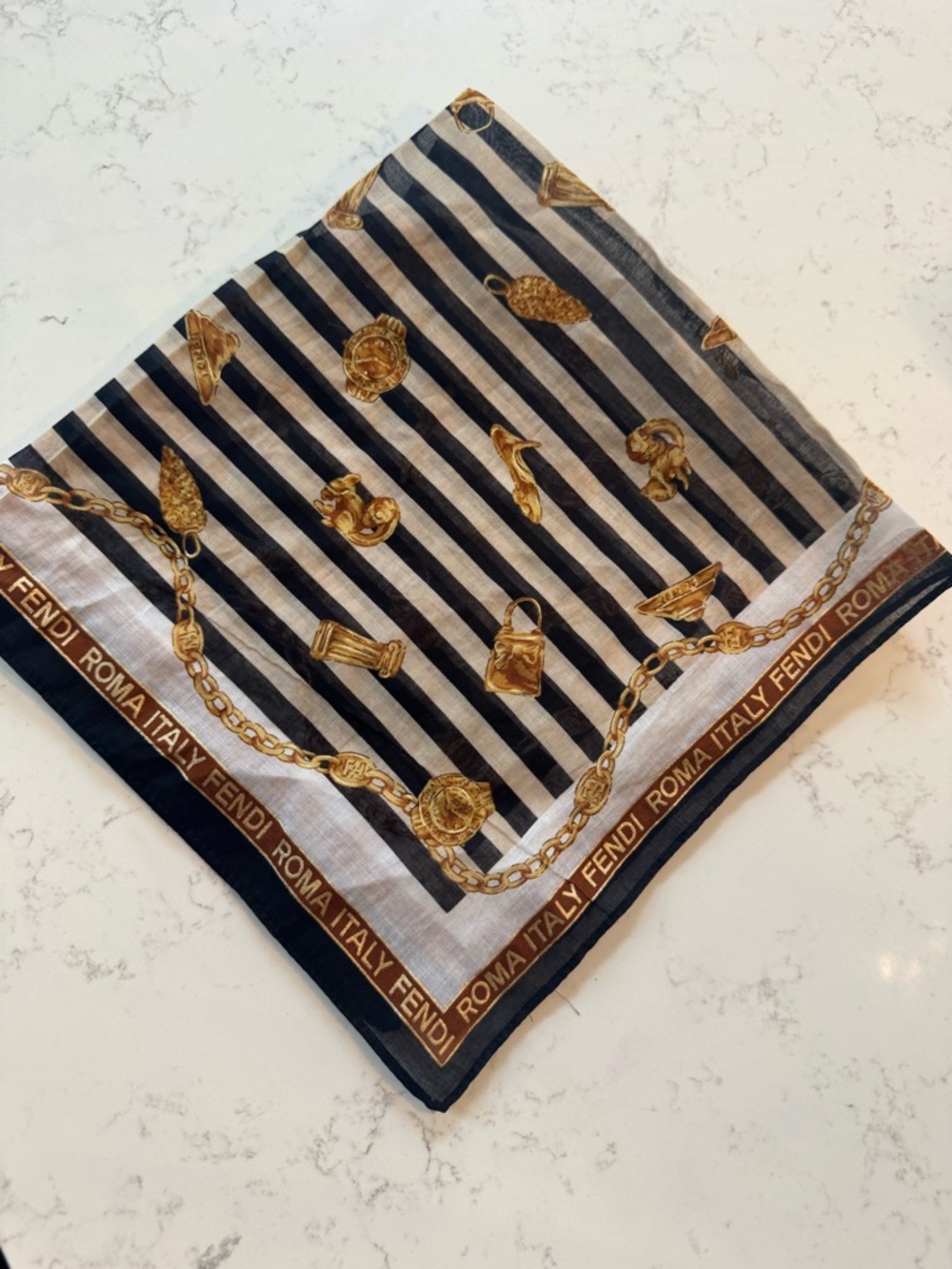 Fendi Striped Silk Scarf in Black, White & Gold Motif
